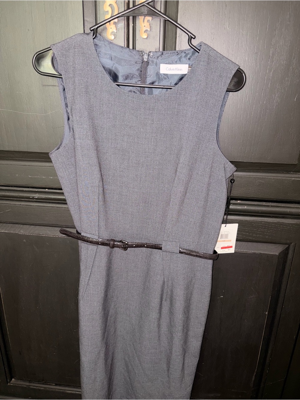 Calvin Klein Sleeveless Sheath Dress in Gray with Slim Belt